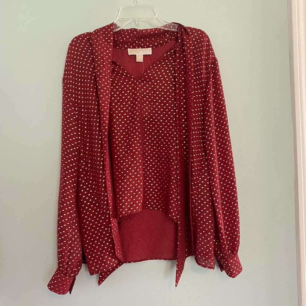 NWT Long sleeve neck tie metallic gold top polka dots